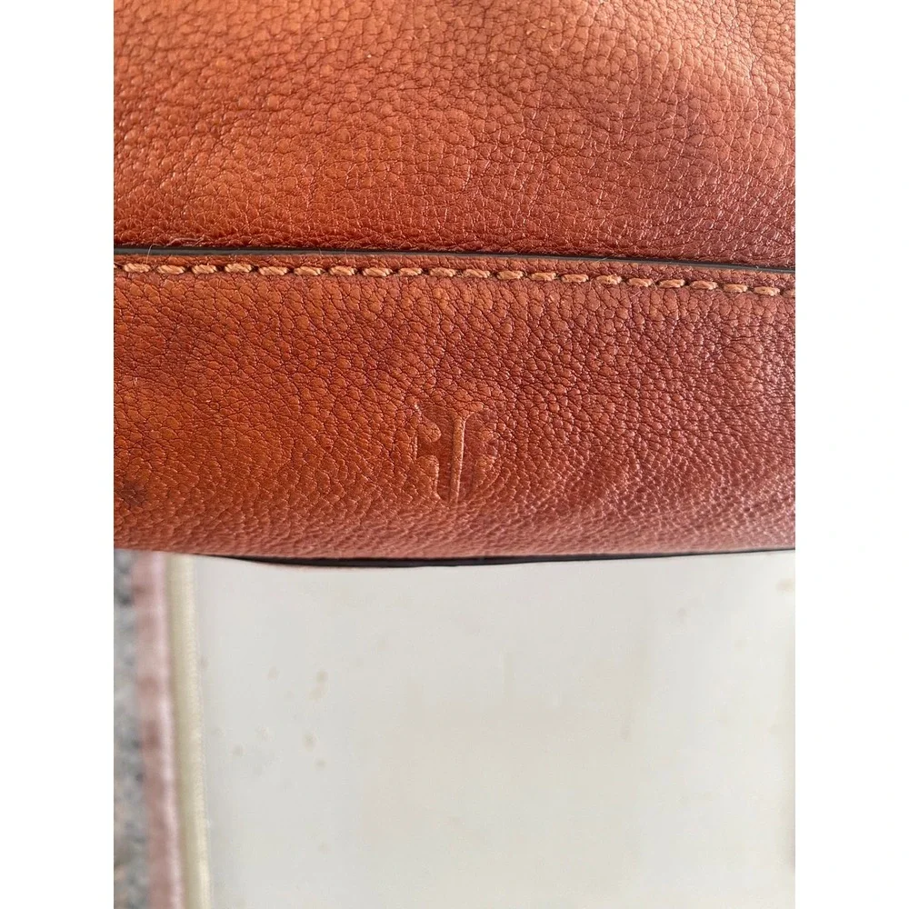 Frye  Lucy Side Pocket Leather Tote Bag Women OS Cognac Brown Pebbled Zip Top